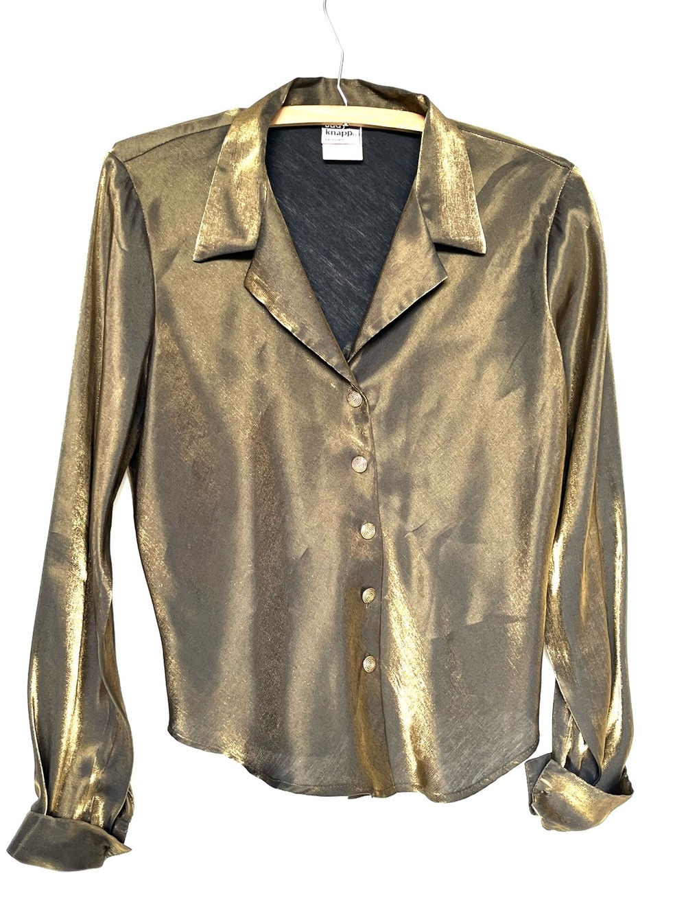 Vintage Women's Metallic Gold Button-Front Blouse Sz M Shiny Disco Judy Knapp